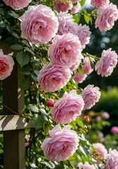 Fototapeta premium Pink Climbing Roses Blooming on Wooden Trellis in Summer Garden