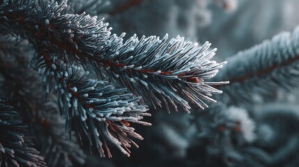 Close up of frosted pine needles on a winter day creating a serene and peaceful seasonal scene