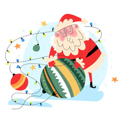 Vector New Year's illustration in flat style with Santa Claus holding a large colorful ball