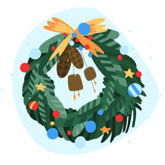 Vector New Year illustration in flat style with New Year's decorated wreath with New Year's balls and bells and pine cones
