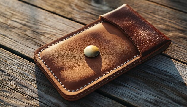Leather key holder pouch with brass button on a rustic wooden table, showing handcrafted texture and warm tones. - Powered by Adobe
