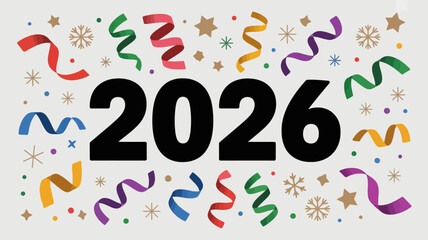 Festive 2026 new year celebration with colorful swirling streamers and sparkling snowflakes creating a joyful and celebratory atmosphere for the upcoming year