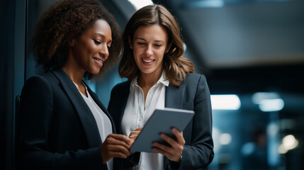 Female cloud security engineers conducting security audit tablet computer analysis data center office work server network infrastructure examination thorough compliance review