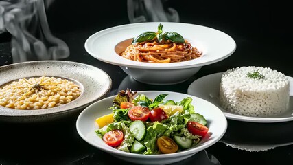 Freshly prepared plates of assorted food sit on a sleek, black table accompanied by a bowl of rice, capturing the communal concept of shared dining or international cuisine and evoking feelings.