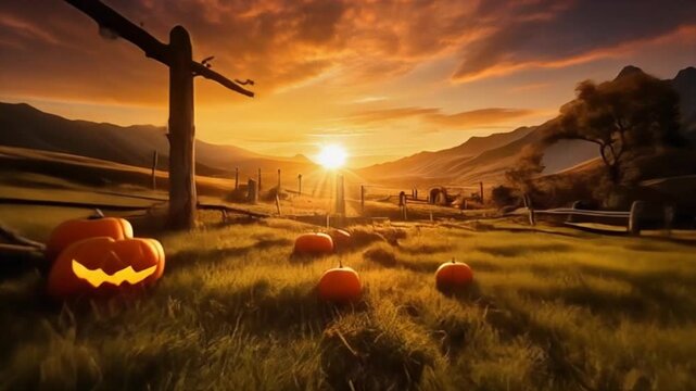 Halloween Pumpkin Patch at Sunset - A Spooky Autumn Landscape.