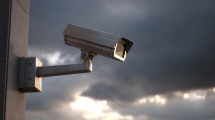 Outdoor surveillance mounted on a building wall set against a dramatic stormy sky