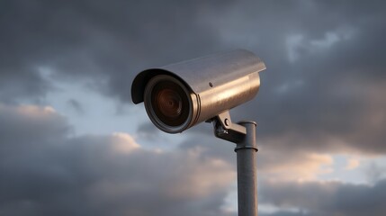 A metallic surveillance is mounted on a pole against a dramatic stormy cloudy sky during sunset