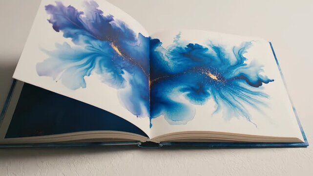 Open art book showcasing vibrant blue watercolor illustrations, with pages turning and revealing intricate designs, capturing the beauty of artistic expression and creativity