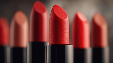 Obraz premium Close-up of vibrant red lipsticks in a row, with a blurred background