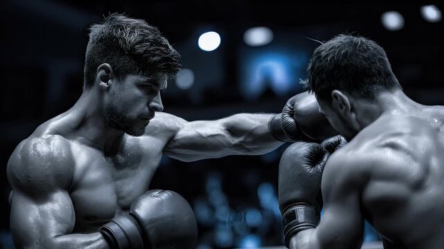 Boxers engage in intense combat action in a dimly lit arena
