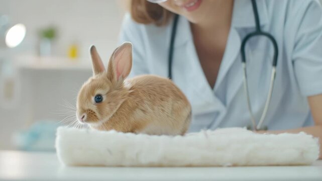 A dedicated veterinarian examines a rabbit in a clinic, ensuring its health and wellbeing with professional care and attention