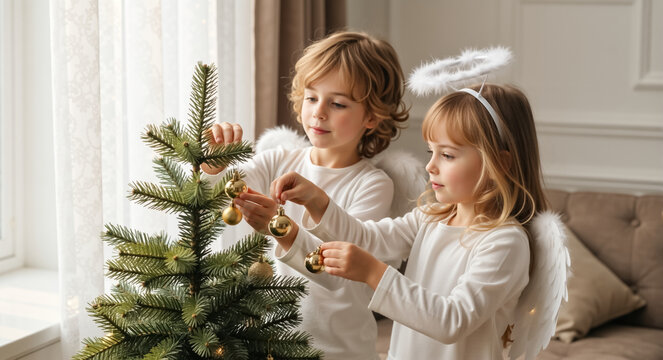Two children in angel costumes decorating a christmas tree at home. Brother and sister hanging gold ornaments together for the holiday season. Festive winter celebration