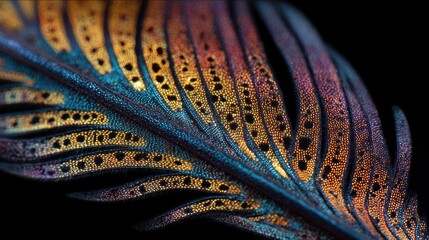 Close-up view of a colorful, iridescent feather against a black background