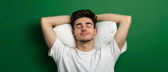 Fototapeta premium Contented unwell man holding pillow serenely