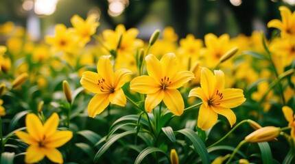 Panoramic View of Blooming Yellow Lilies in a Lush Garden 
