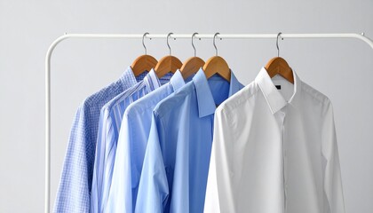 White and Light Blue Dress Shirts on Wooden Hangers Against Light Gray Wall