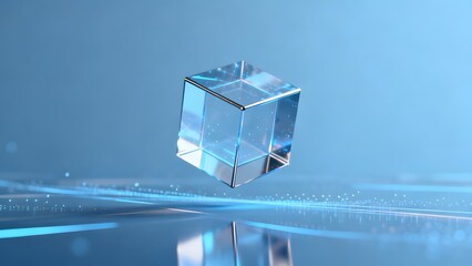 Digital transparent cube floats above glowing blue data streams.
