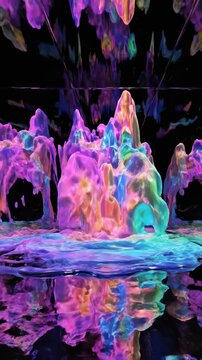 Slow motion cinematic view of vibrant fluid sound waves bouncing repeatedly off polished metallic walls in a stylized enclosed chamber sound waves, presentation, high speed capture