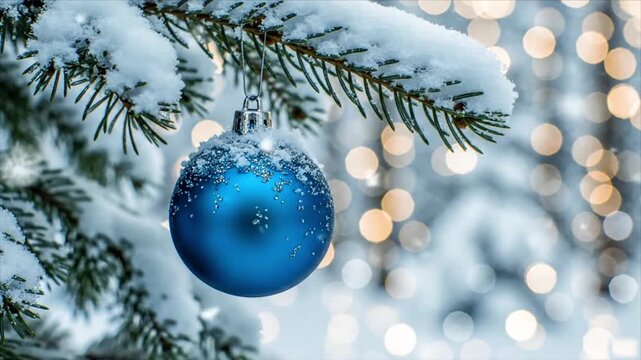 Blue christmas ornament hanging on a snow covered pine tree branch with bokeh lights behind it
