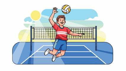 A young person jumping to spike a volleyball over the net on a sunny day.