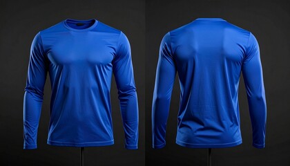 Blue Long-Sleeve Athletic Shirt Front and Back Views on Dark Background