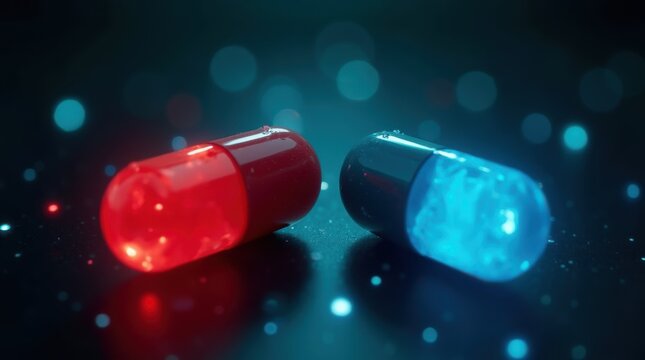 red pill and blue pill, matrix movie style scene, slightly transparent pills kind of neon glowing, dark ambience, 4k 