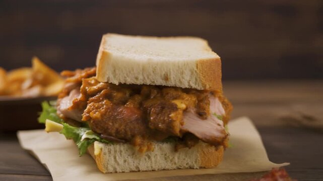 Ein Sandwich aus den Resten des Thanksgiving-Dinners, gef&uuml;llt mit saftigem Truthahn