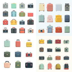 Stylish travel icon set featuring vintage cameras, luggage, backpacks, and bags in modern colors. Ideal for vacation themes, adventure graphics, tourism branding, and trip planning illustrations.