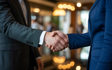 Two business professionals shaking hands in a warm inviting setting