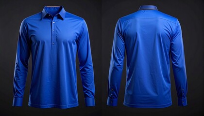 Blue Long-Sleeve Athletic Shirt Front and Back Views on Dark Background