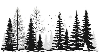 Obraz premium Black and white illustration of a winter forest with various evergreen and bare deciduous trees and falling snow.