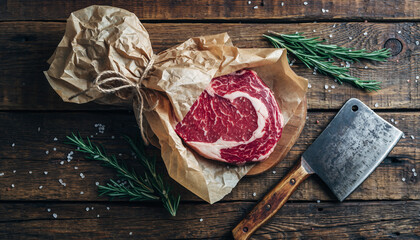 Raw Ribeye steak on butcher paper with a meat cleaver and rosemary on a dark rustic wooden table.