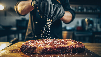 Chef wearing black gloves seasoning a raw ribeye steak with coarse salt flakes.