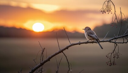 Serene Sunset: Bird Perched on Branch with Berries, Golden Skies, Nature's Tranquility
