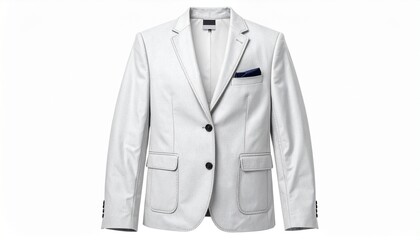 White Blazer with Notched Lapel and Pocket Square on Plain Background