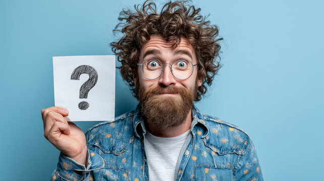 Man with curly hair holding a question mark against a blue background