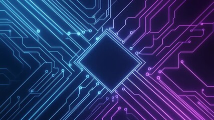 Futuristic neon circuit board with glowing blue and purple microchip. - Powered by Adobe