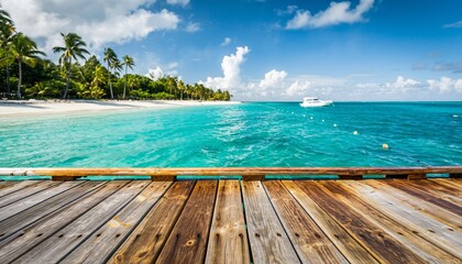 Wooden Pier Overlooking Tropical Turquoise Ocean and Palm Tree Beach.