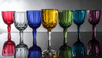 Row of Colored Glass Goblets on Reflective Surface with Neutral Background