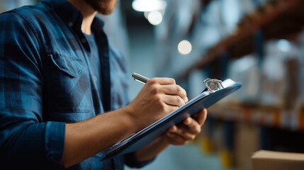 Warehouse worker conducting inventory analysis shipment examination stock audit process logistics verification supply chain assessment inventory control review defocused ware