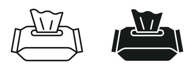 Wet wipes icon set in outline and silhouette style representing hygiene cleaning baby care and sanitary products vector illustration