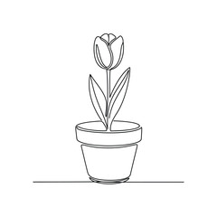 Tulip flower in pot continuous line botanical outline vector illusration