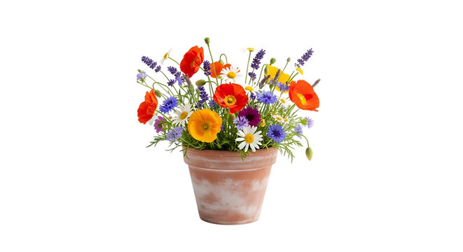 Colorful wildflower bouquet in a terracotta pot isolated on transparent background - Powered by Adobe