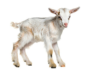 Obraz premium Adorable Baby Goat Standing Upright and Isolated on a Clean Background, Showcasing Its Sweet Expression and Soft Farm Animal Features