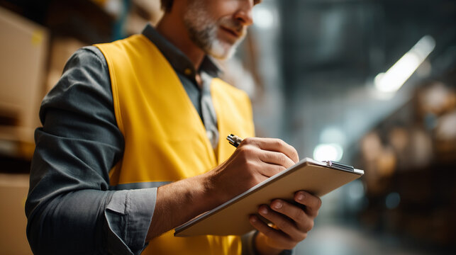 Warehouse worker conducting inventory analysis shipment examination stock audit process logistics verification supply chain assessment inventory control review defocused ware - Powered by Adobe