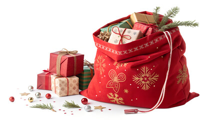 Red christmas present bag with gifts.
