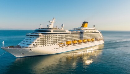Large cruise ship sailing on the ocean under a clear blue sky.