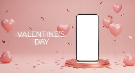 A pinkthemed valentines day scene featuring a smartphone mockup, heart balloons, and confetti, perfect for digital marketing and social media