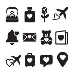 Minimal Valentine Icons Pack Wedding Ring, Rose, Heart Message, Travel and Gift Vector Set