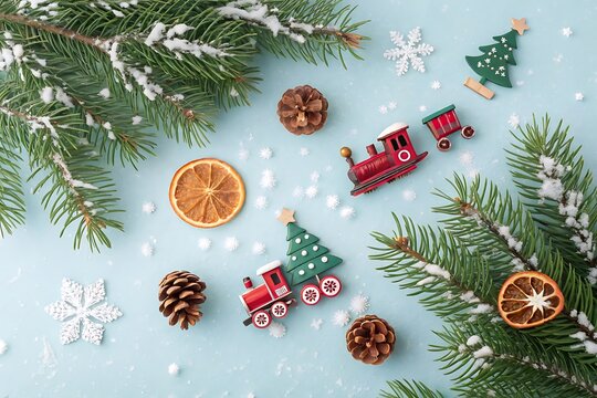 Christmas festive scene with pine branches and toy trains set